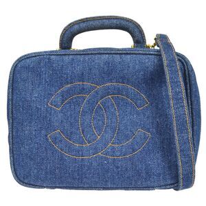 Chanel Vintage Timeless Zip Around Vanity Case Denim Blue Denim_Jeans Handbag